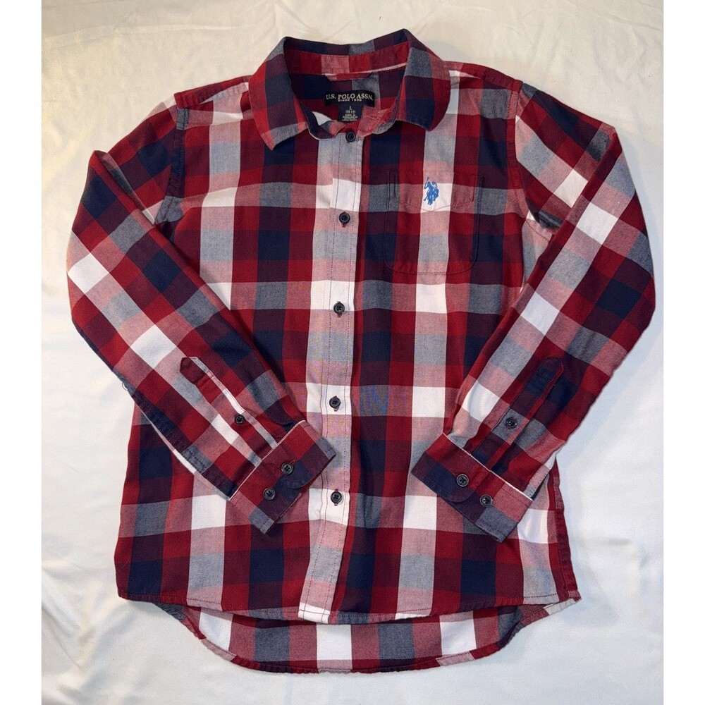 U.S. Polo Assn Long Sleeve Button Up, Red/blue Plaid, Boys Sz Large(10-12)